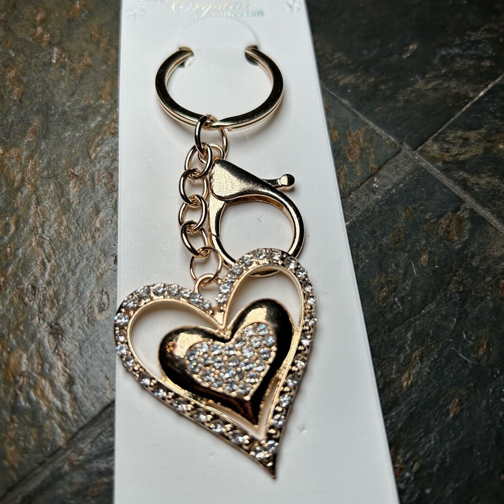 Gold & Clear Rhinestone Heart in a Heart, Keychain & Purse Charm. Gift Ready!